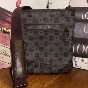 Authentic MCM Grey Monogram Visetos Flat Crossbody Messenger Bag